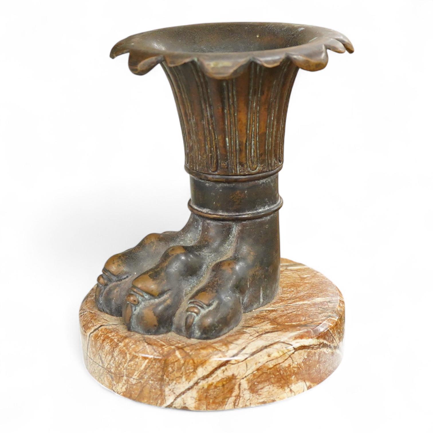An Italian bronze vase in the form of a lion paw, raised on circular marble base, 17cm high
